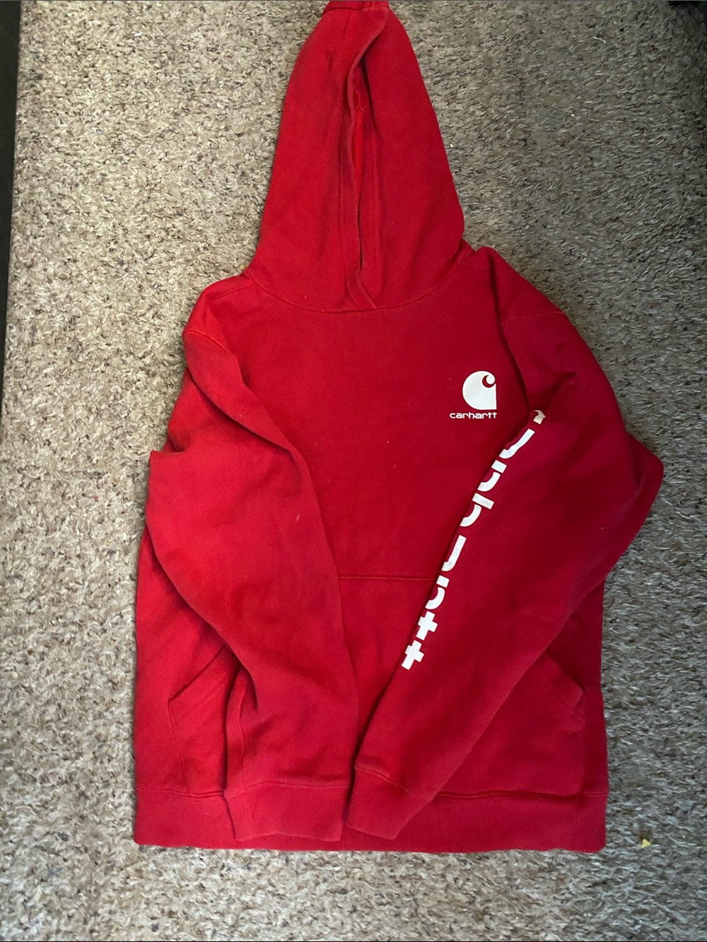 Carhartt Red Pullover Hoodie with White Logo and Sleeve Text